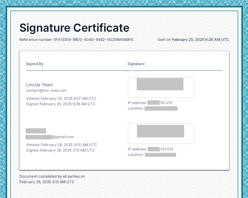 LincUpの電子サイン機能で自動生成される署名証明書（Signature Certificate）の例。
署名者ごとに名前・メールアドレス・署名日時・IPアドレス・署名場所が記録され、誰が・いつ・どこから署名したかを一覧で確認できる仕組みを示している。